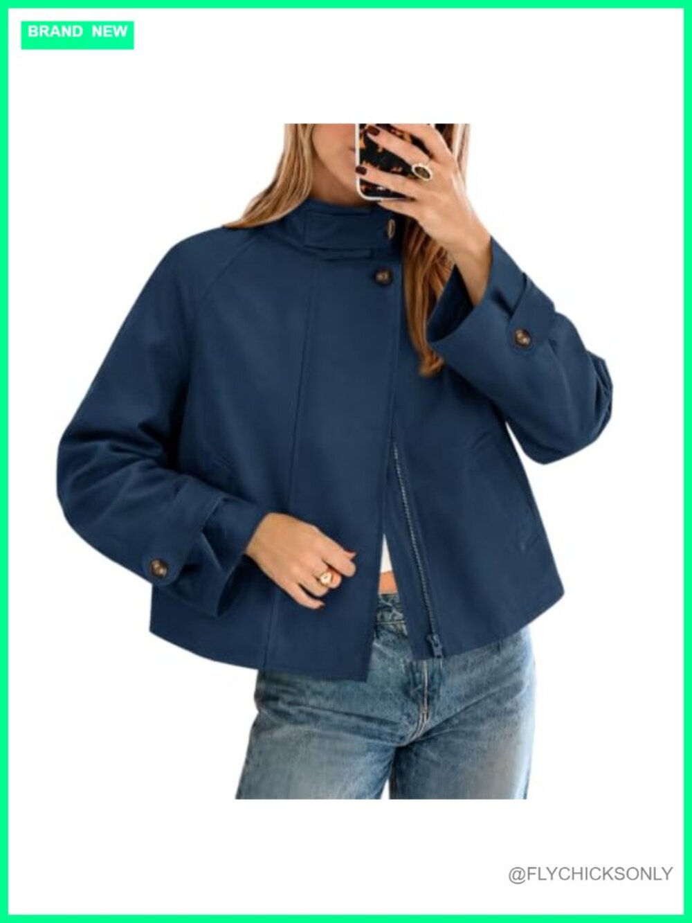 Women's Cropped Trench Coat Lightweight Funnel Neck Zip Jacket